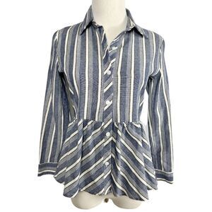 LOVE NOTES Blue Peplum Stripe Button Down Ruffle Long Sleeve Cotton Shirt